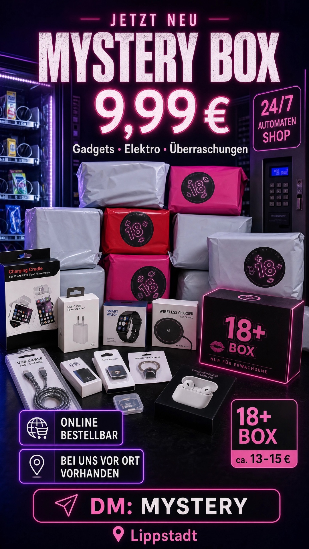 Mystery Box 9,99 € im Hype Station 24/7 Automatenshop Lippstadt – Überraschungsartikel aus Snacks, Gadgets und 18+ Boxen